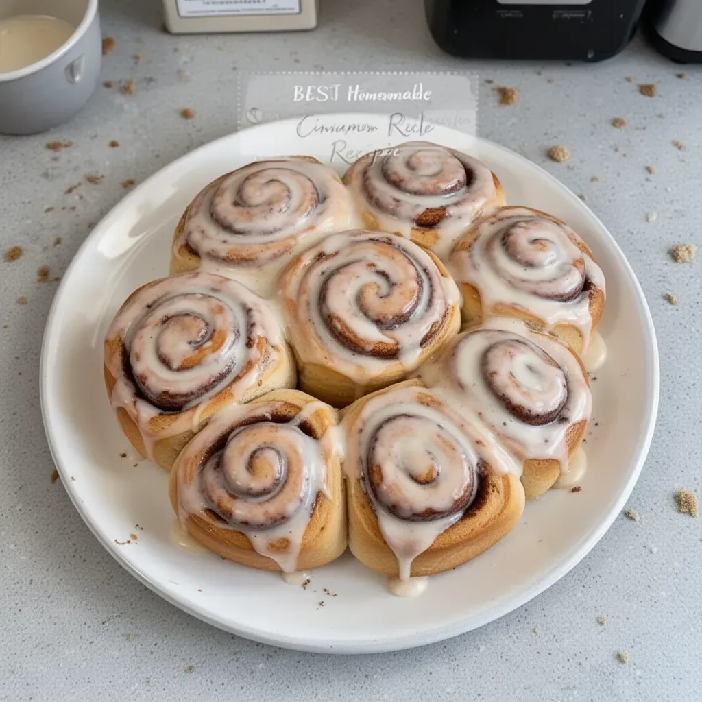 Delicious homemade cinnamon rolls topped with icing on a wooden table