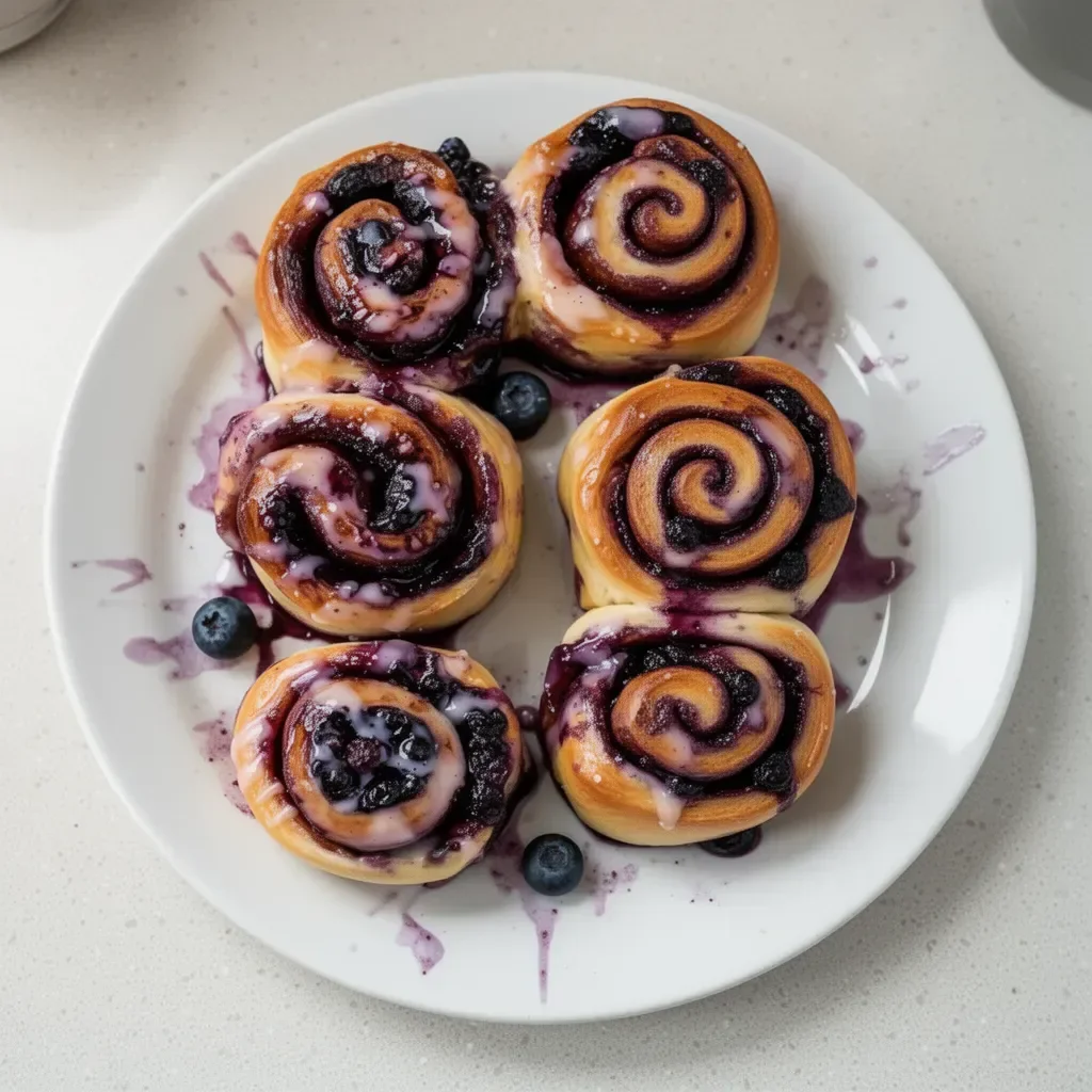 Delicious blueberry cinnamon rolls topped with icing on a rustic wooden table