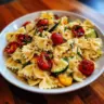 Delicious bow tie pasta salad with colorful vegetables and dressing