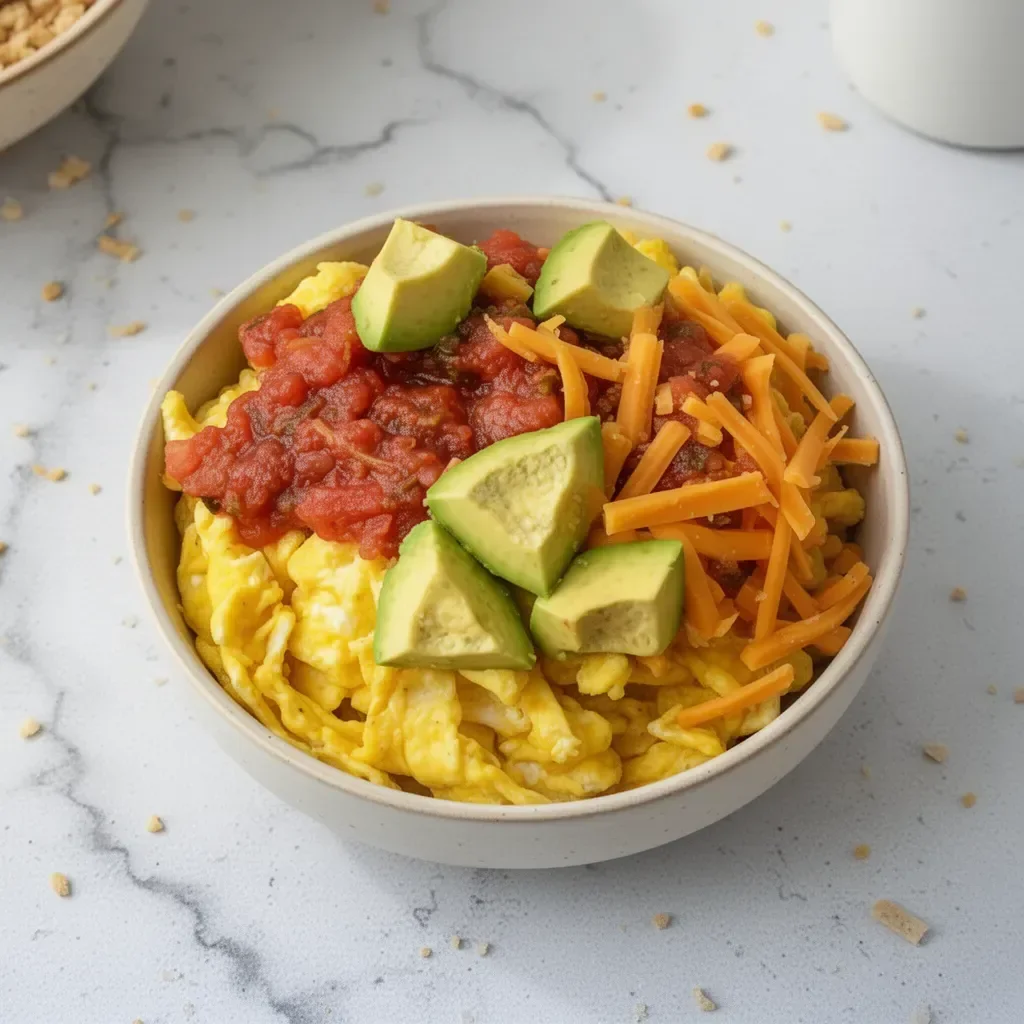 Colorful breakfast burrito bowl filled with eggs, beans, veggies, and salsa.