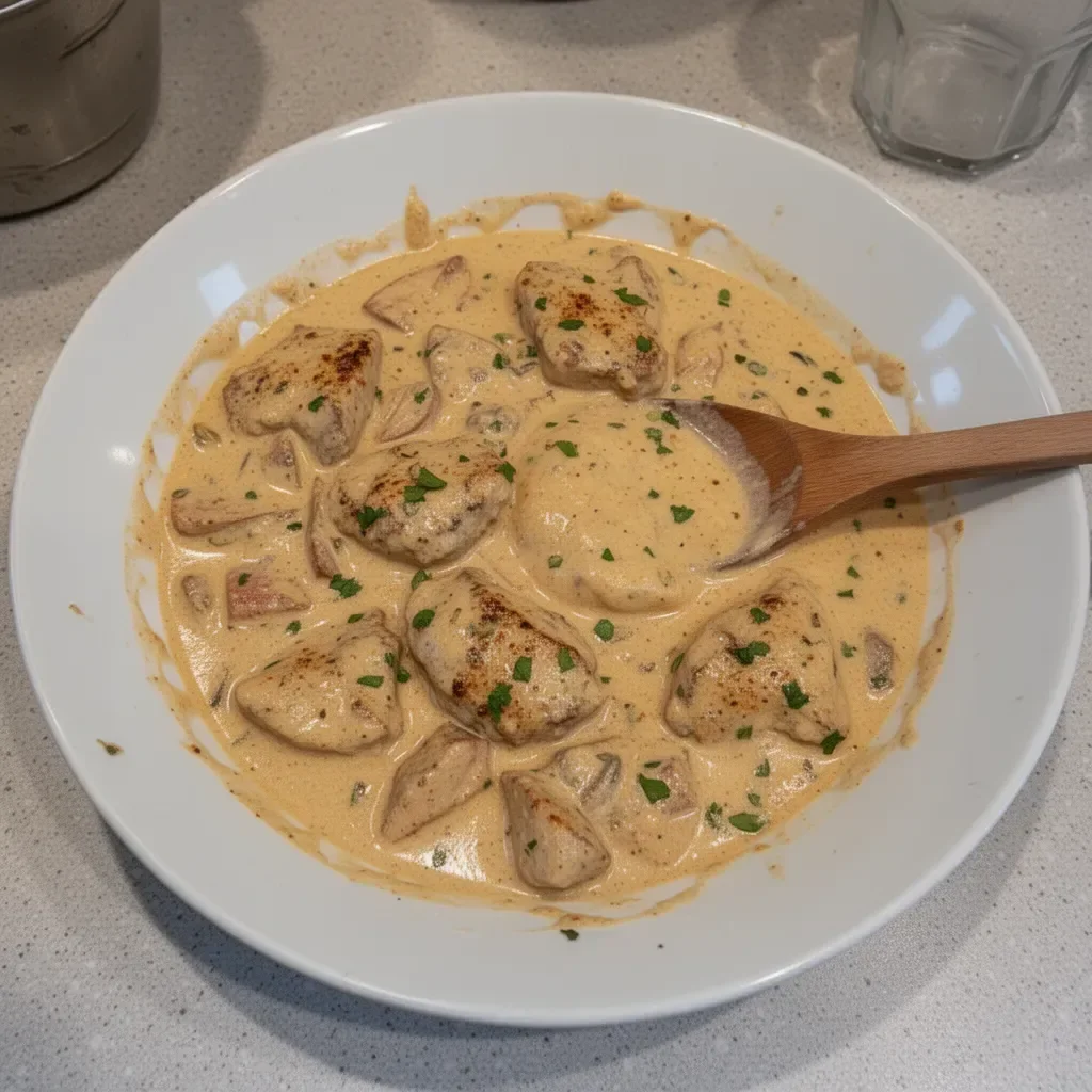 Cajun Cream Sauce drizzled over pasta with herbs and spices garnished