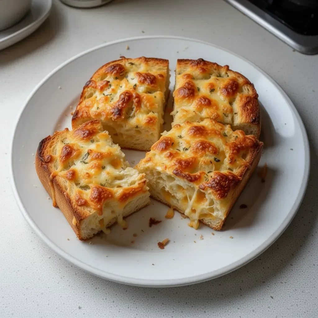 Golden brown cheesy bread fresh out of the oven, melted cheese oozing