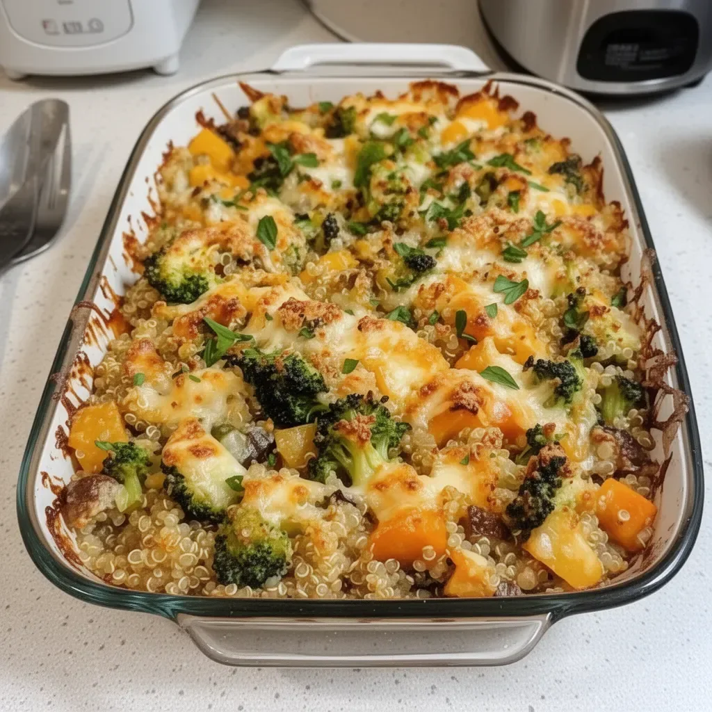 Cheesy Veggie Quinoa Casserole topped with cheese and vegetables, a healthy dish.