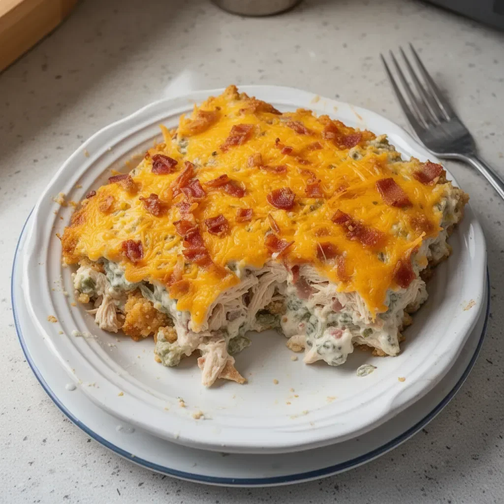 Delicious Chicken Bacon Ranch Casserole topped with crispy bacon and melted cheese.
