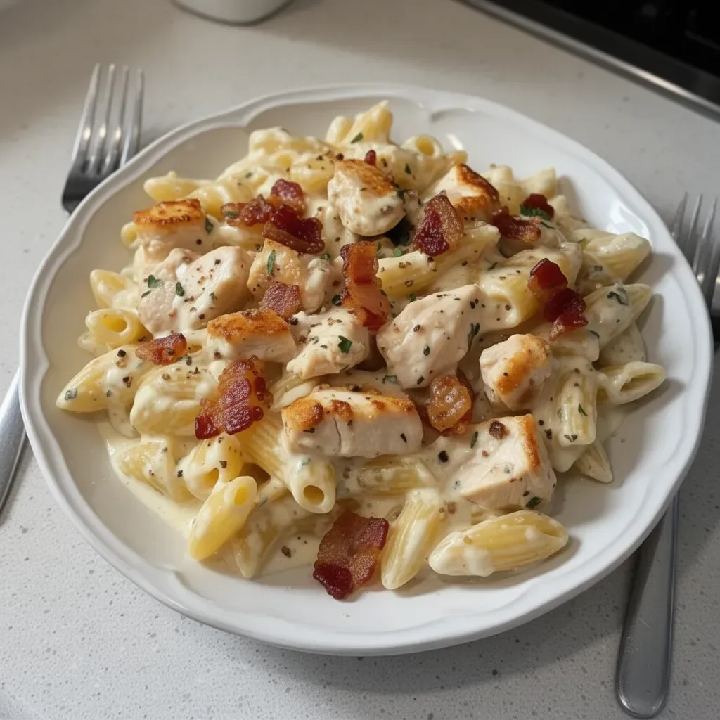 Creamy Chicken Bacon Ranch Pasta topped with crispy bacon and fresh herbs.