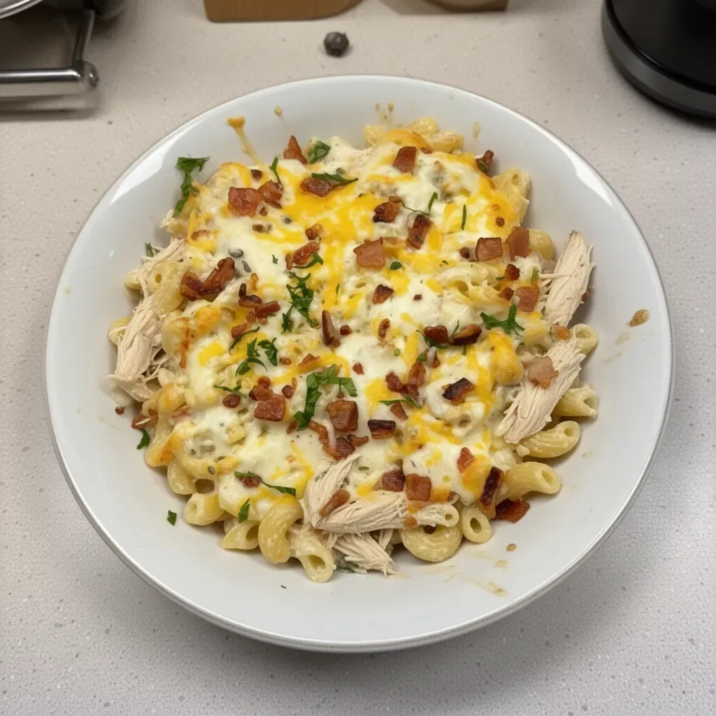 Creamy Chicken Bacon Ranch Pasta Casserole dish with toppings