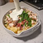 Delicious Chicken Bacon Ranch Pasta Salad with chicken, bacon, and ranch dressing