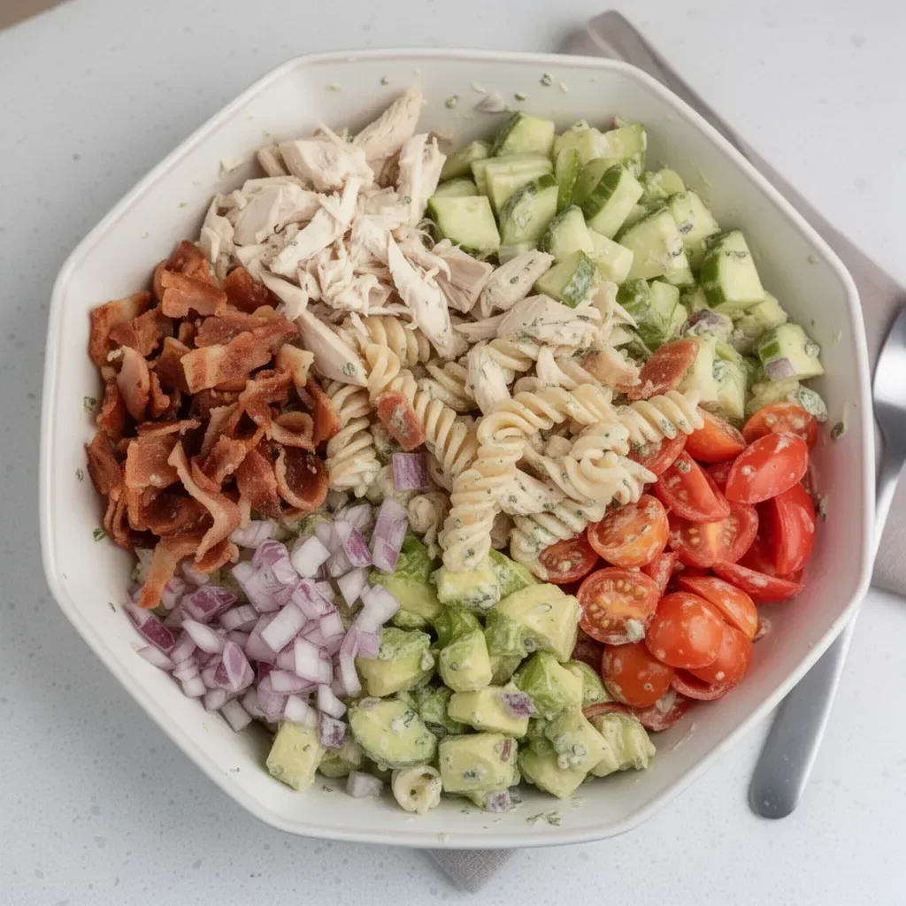 Delicious Chicken Bacon Ranch Pasta Salad with vibrant ingredients