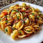 Colorful chickpea pasta salad with fresh vegetables and herbs