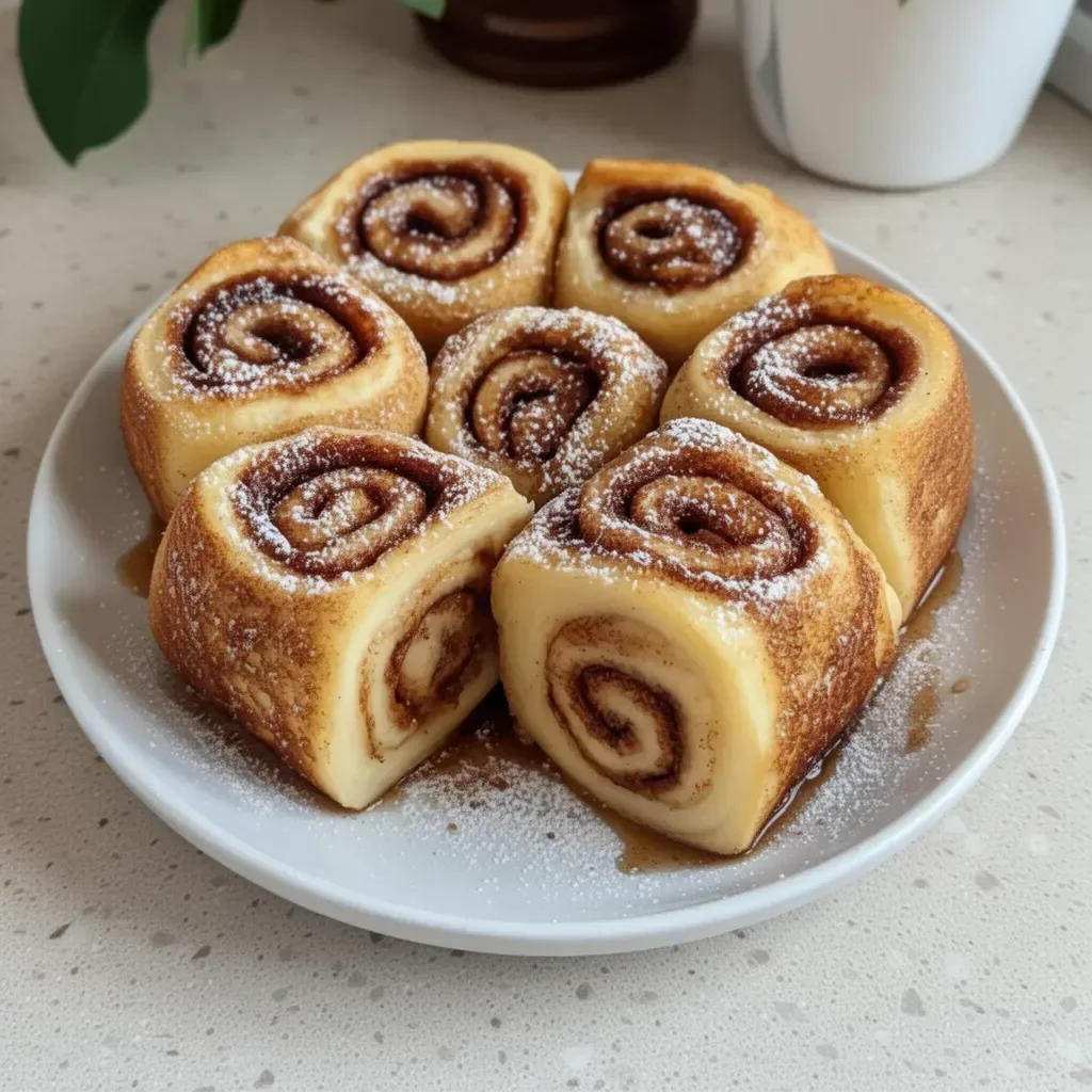 Delicious cinnamon roll French toast roll-ups garnished with icing and cinnamon.