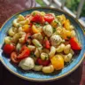 Colorful Caprese Pasta Salad with tomatoes, mozzarella, and basil