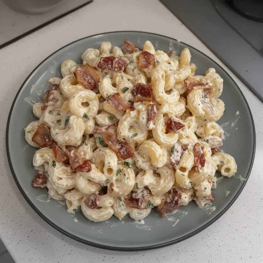Creamy Bacon Cheddar Ranch Pasta Salad in a bowl with fresh ingredients