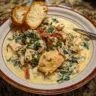 Creamy Crockpot Tuscan Chicken served with herbs and vegetables in a bowl