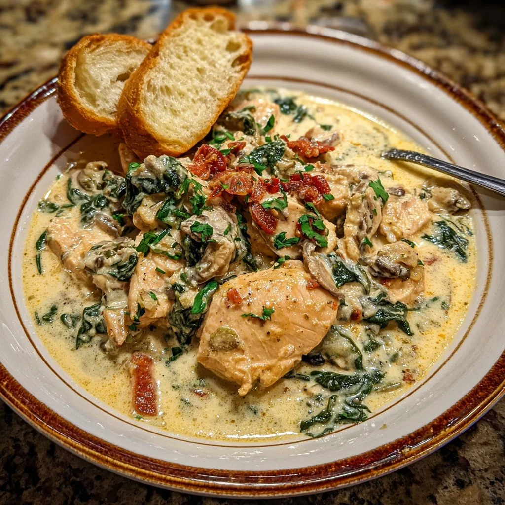 Creamy Crockpot Tuscan Chicken served with herbs and vegetables in a bowl