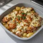 Creamy garlic cheesy chicken with potatoes in a deliciously rich sauce