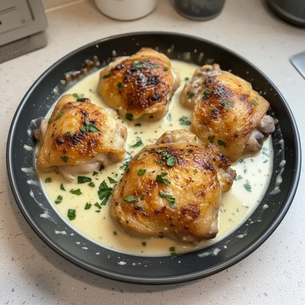 Creamy garlic parmesan chicken thighs served on a plate with herbs