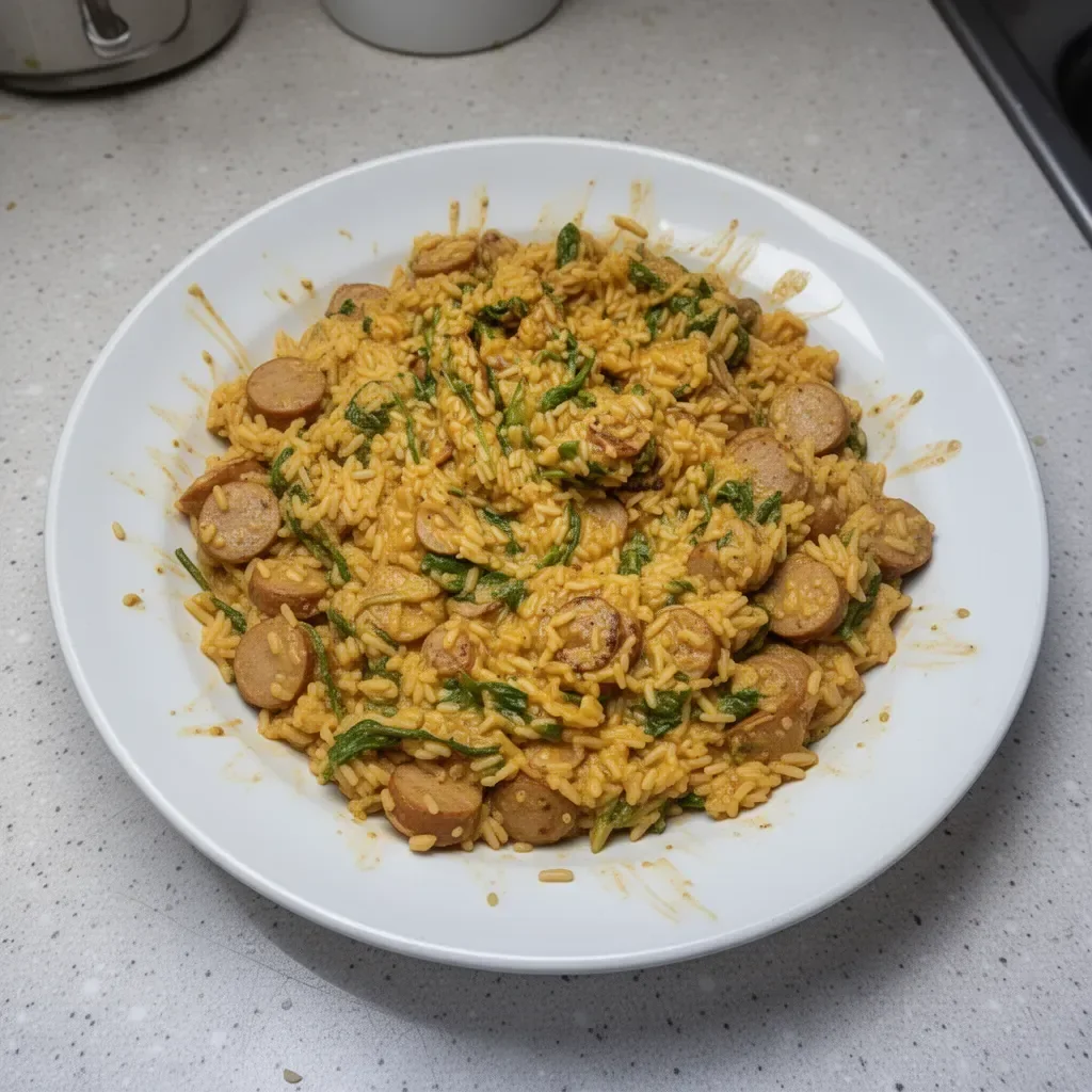 Creamy one pot chicken sausage and rice dish served in a bowl
