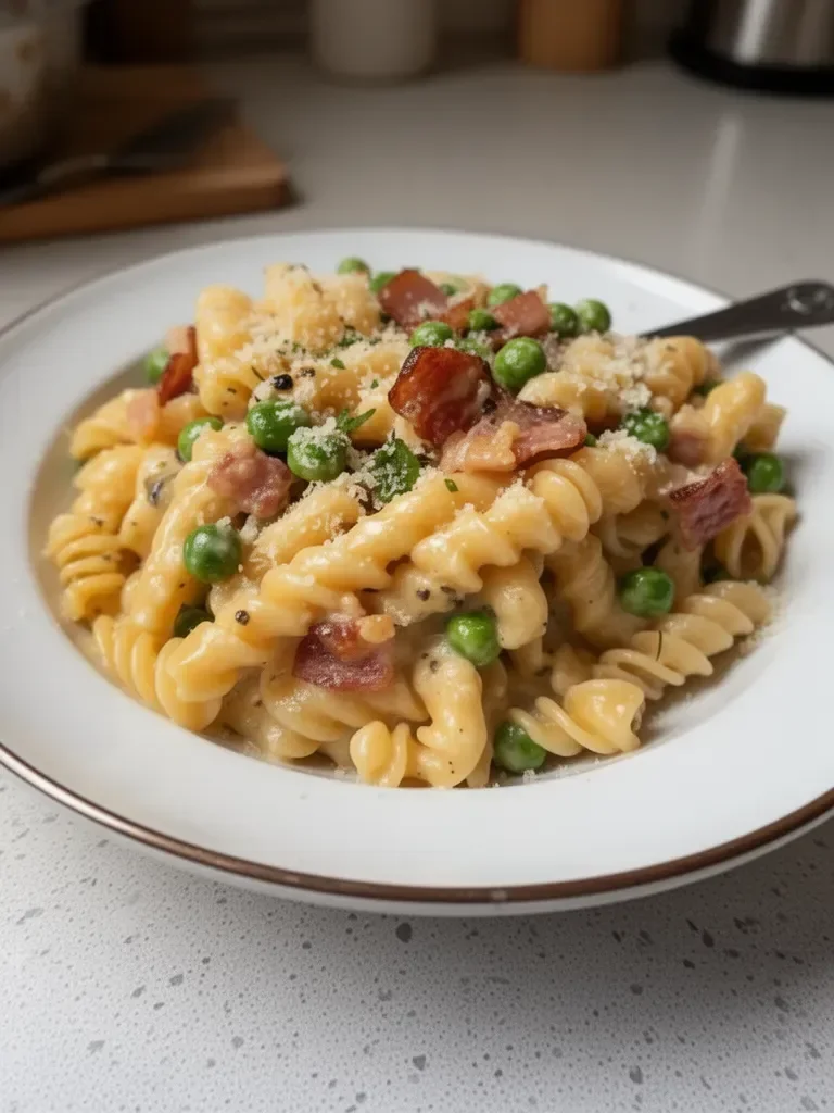 Creamy Pasta with Sweet Peas and Crispy Pancetta