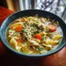 Bowl of delicious Crock Pot chicken noodle soup with vegetables and herbs
