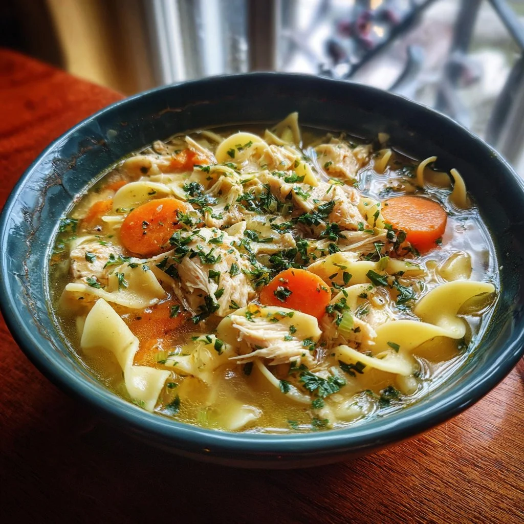Bowl of delicious Crock Pot chicken noodle soup with vegetables and herbs