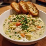 Crockpot creamy chicken noodle soup in a bowl with herbs and vegetables