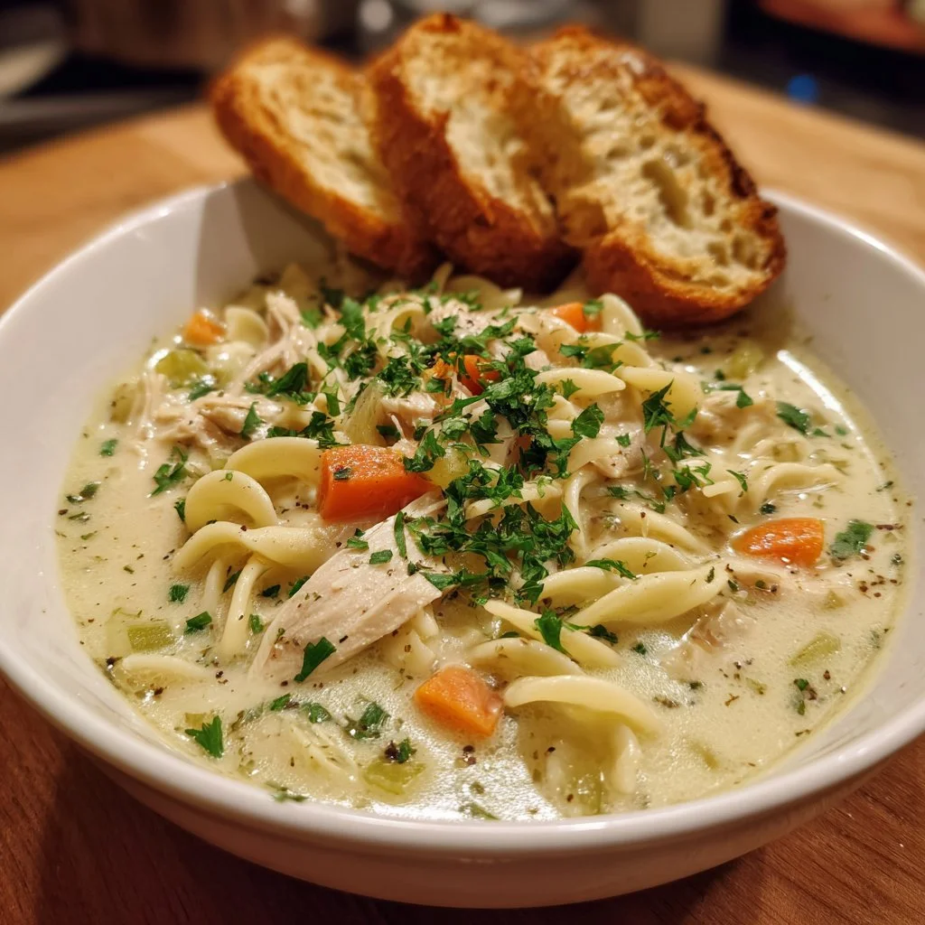 Crockpot creamy chicken noodle soup in a bowl with herbs and vegetables