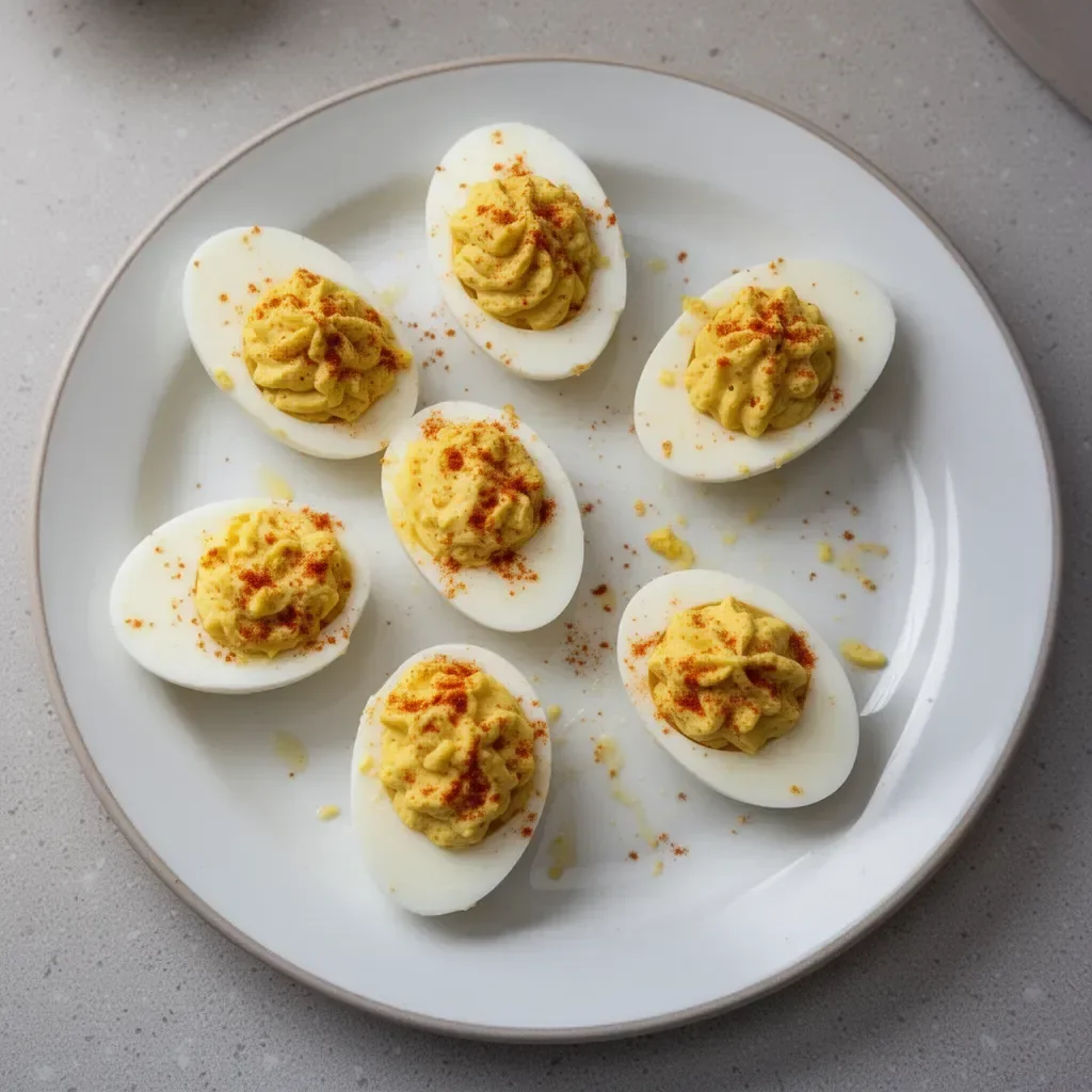 Delicious deviled eggs on a platter, garnished and ready to serve.