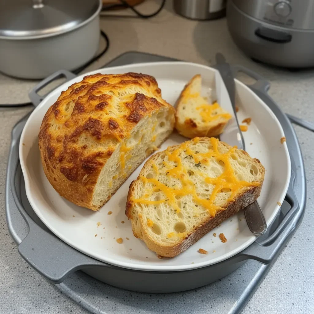 Freshly baked Dutch Oven Cheddar Bread with a golden crust and melted cheese