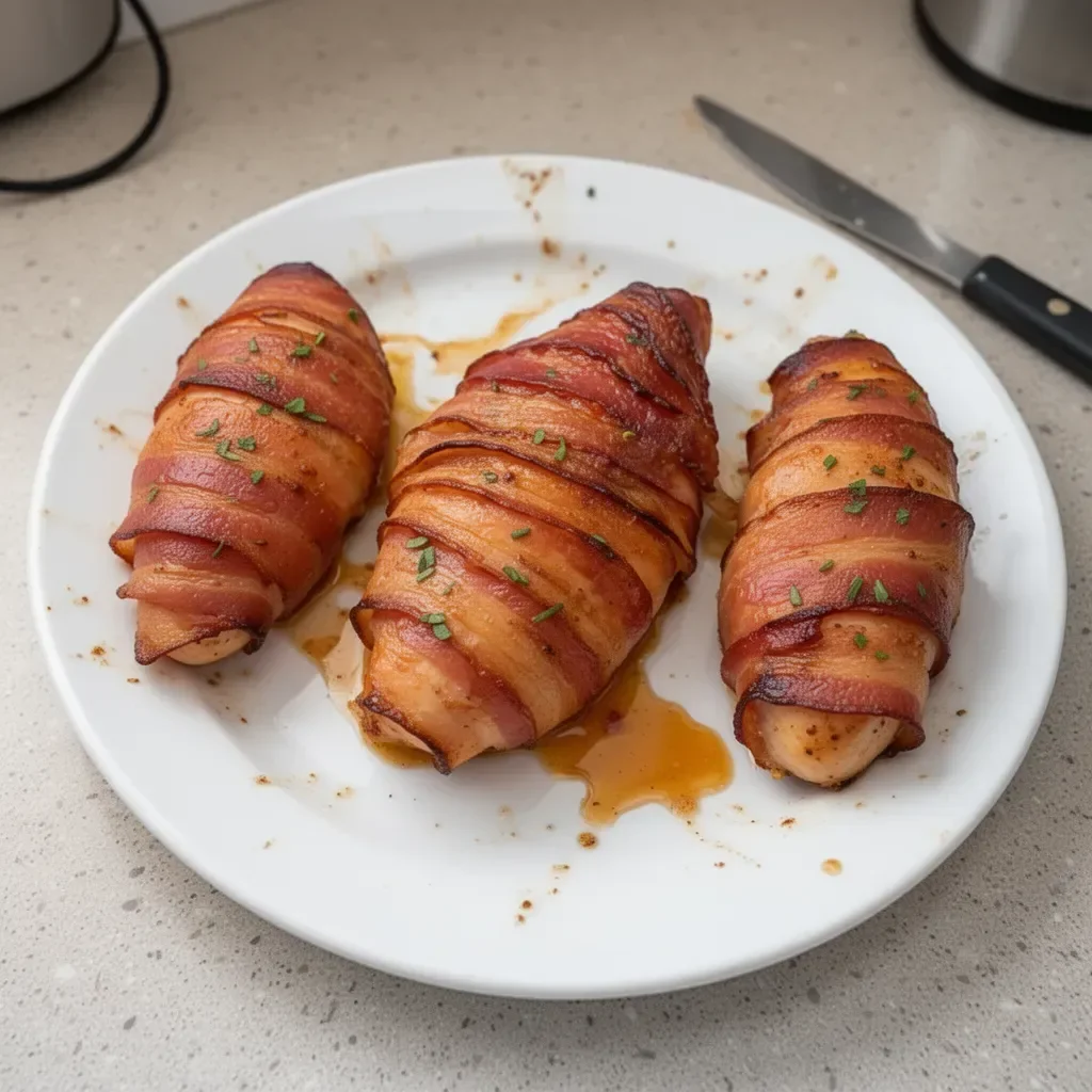 Easy bacon wrapped chicken recipe with crispy bacon and tender chicken breasts.