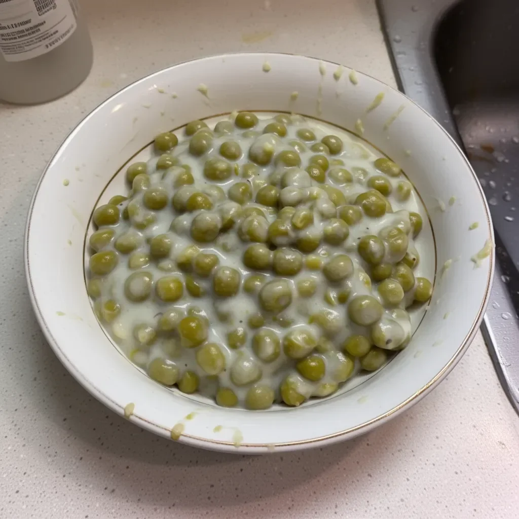 Creamed peas dish served in a bowl, garnished with herbs.