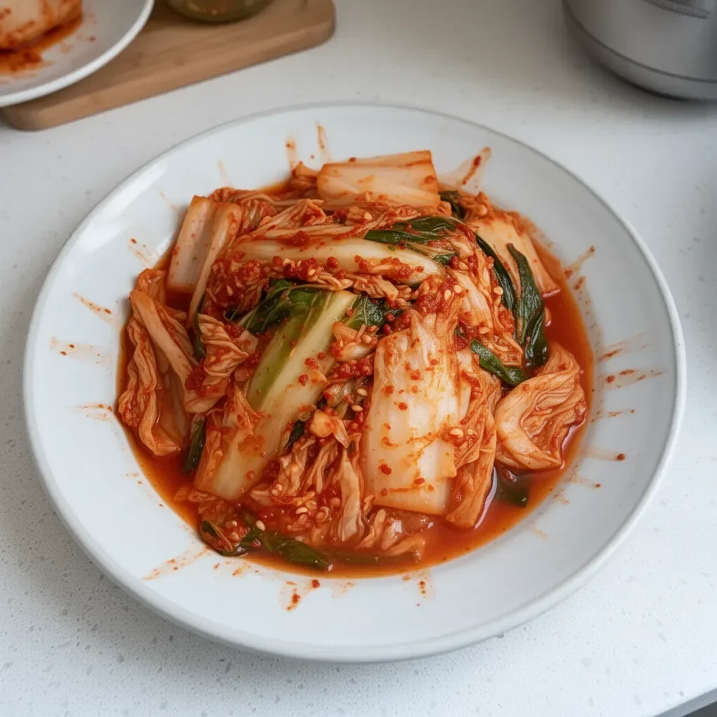 Homemade kimchi in a jar with fresh vegetables and spices