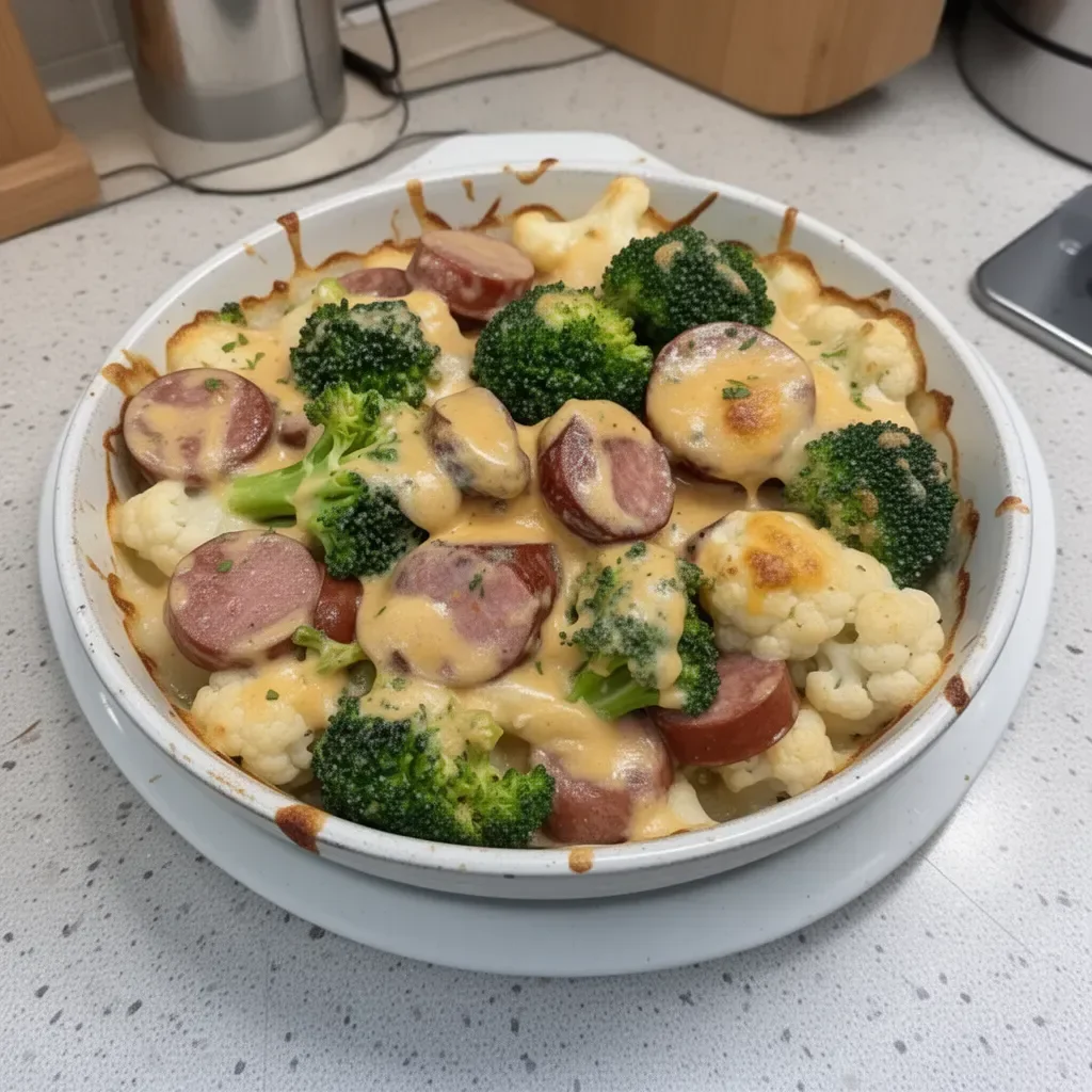 Easy Keto Broccoli and Cauliflower Au Gratin with Sausage