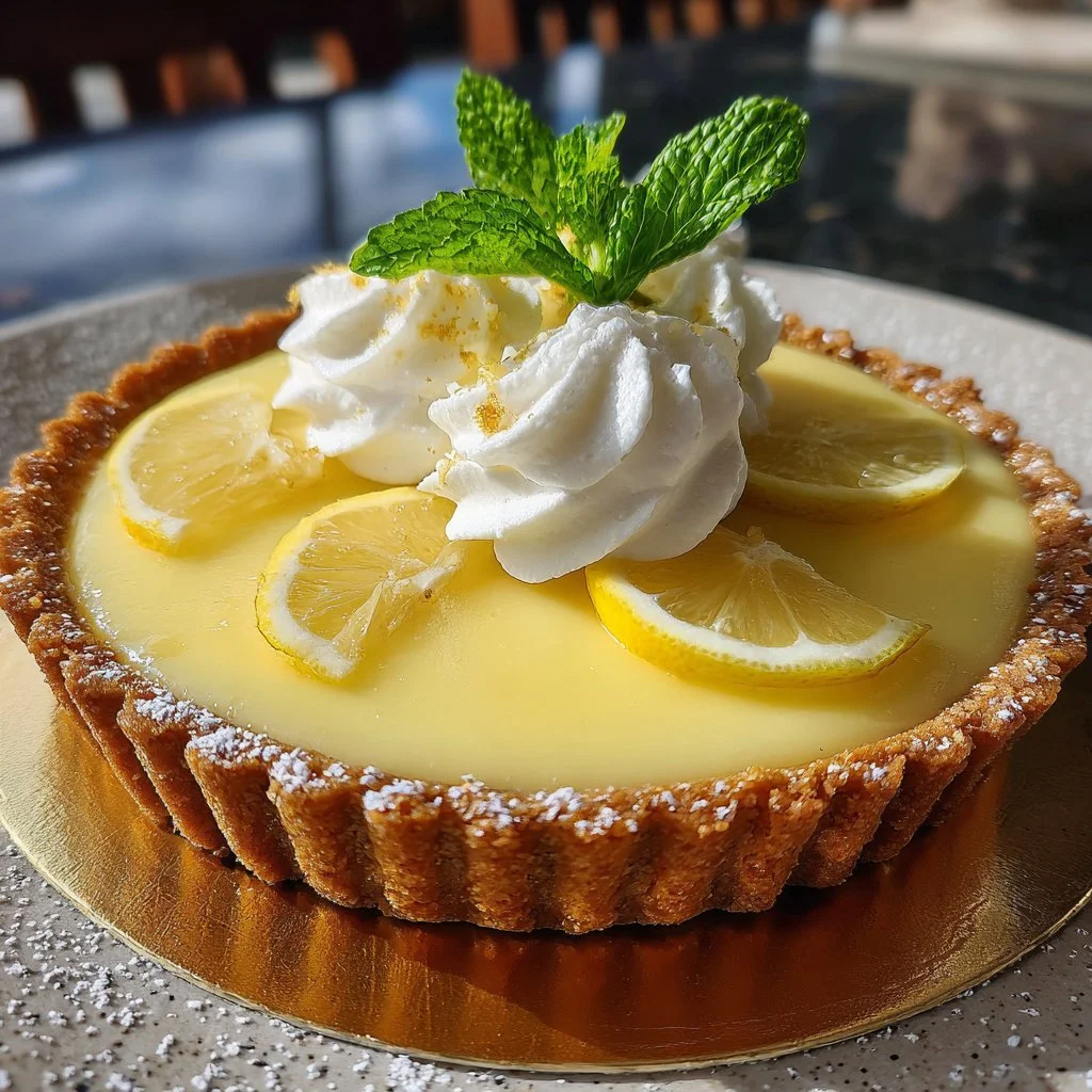 Delicious no-bake lemon tart on a white plate with lemon slices