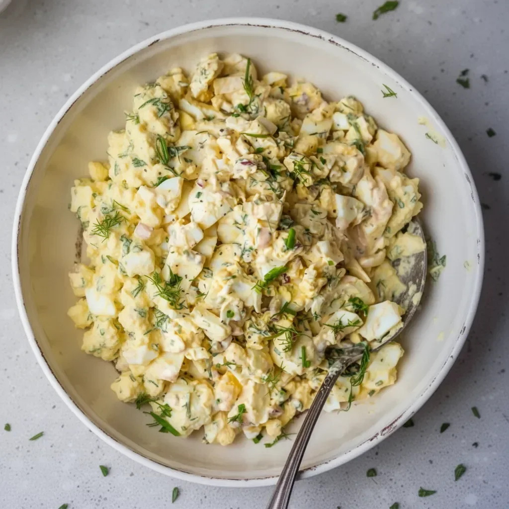 Delicious homemade egg salad served in a bowl with fresh herbs