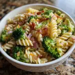 Delicious fresh broccoli pasta salad with colorful vegetables and dressing.