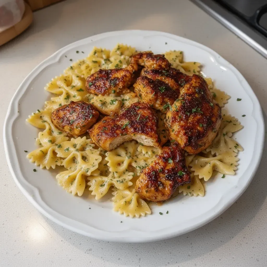Garlic Butter Chicken served with Bowtie Pasta on a plate