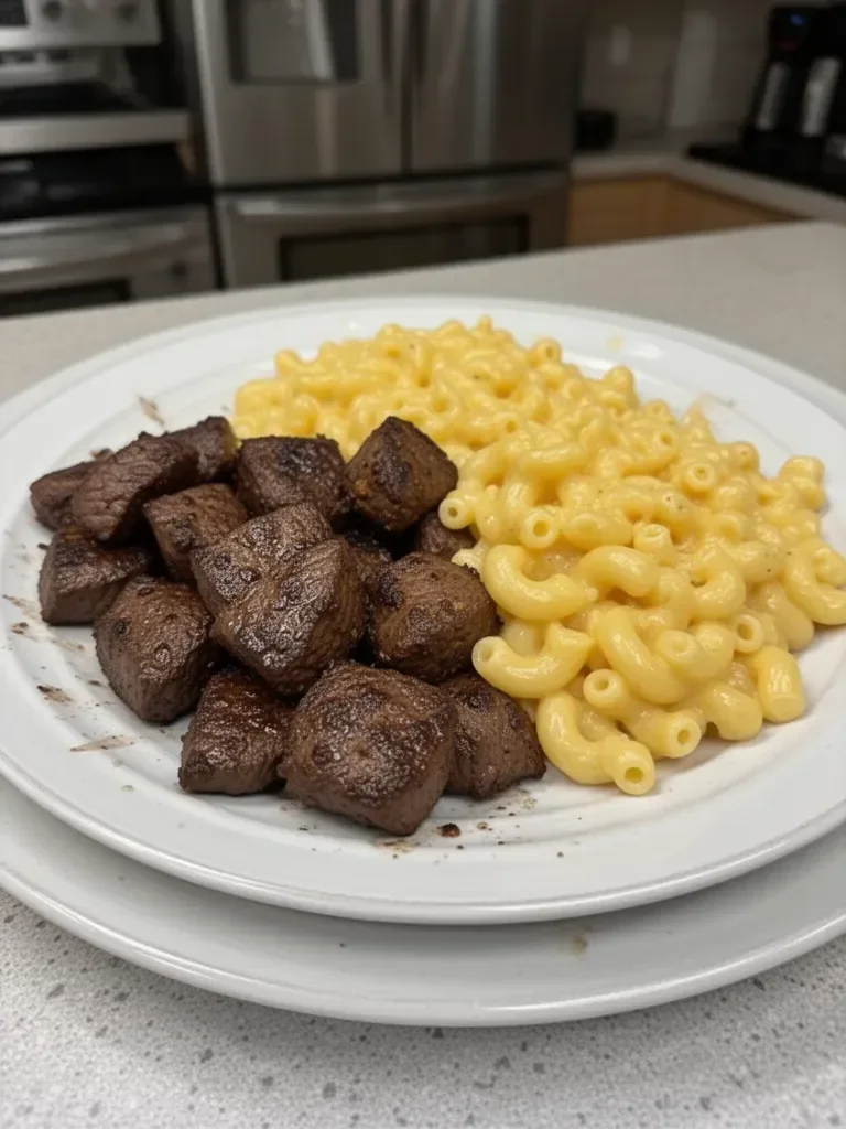 Garlic Steak Bites with Mac & Cheese