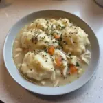 Gluten-free chicken and dumplings served in a bowl