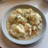 Gluten-free chicken and dumplings served in a bowl