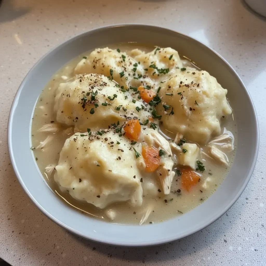 Gluten-free chicken and dumplings served in a bowl