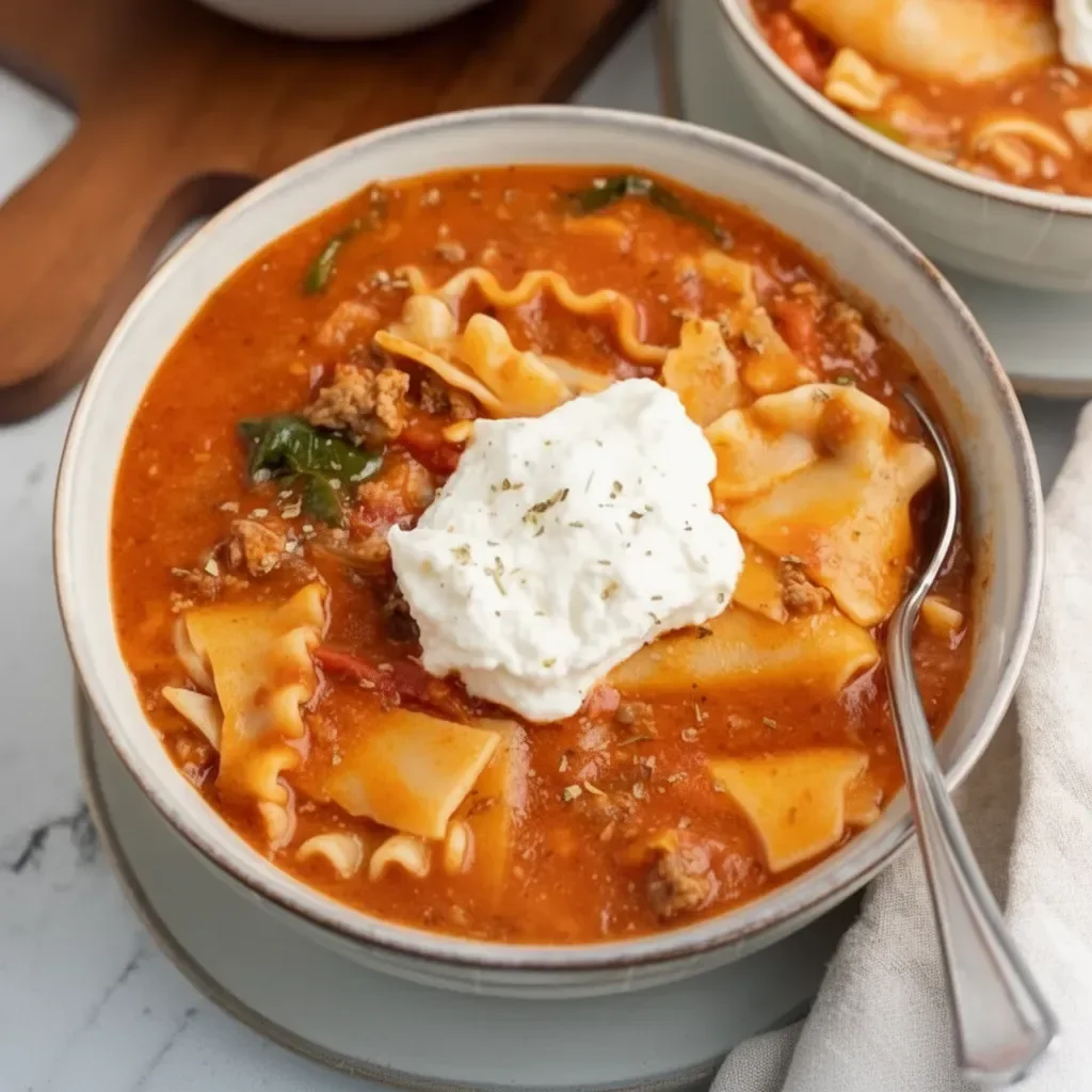 Bowl of gluten free lasagna soup topped with basil and melted cheese