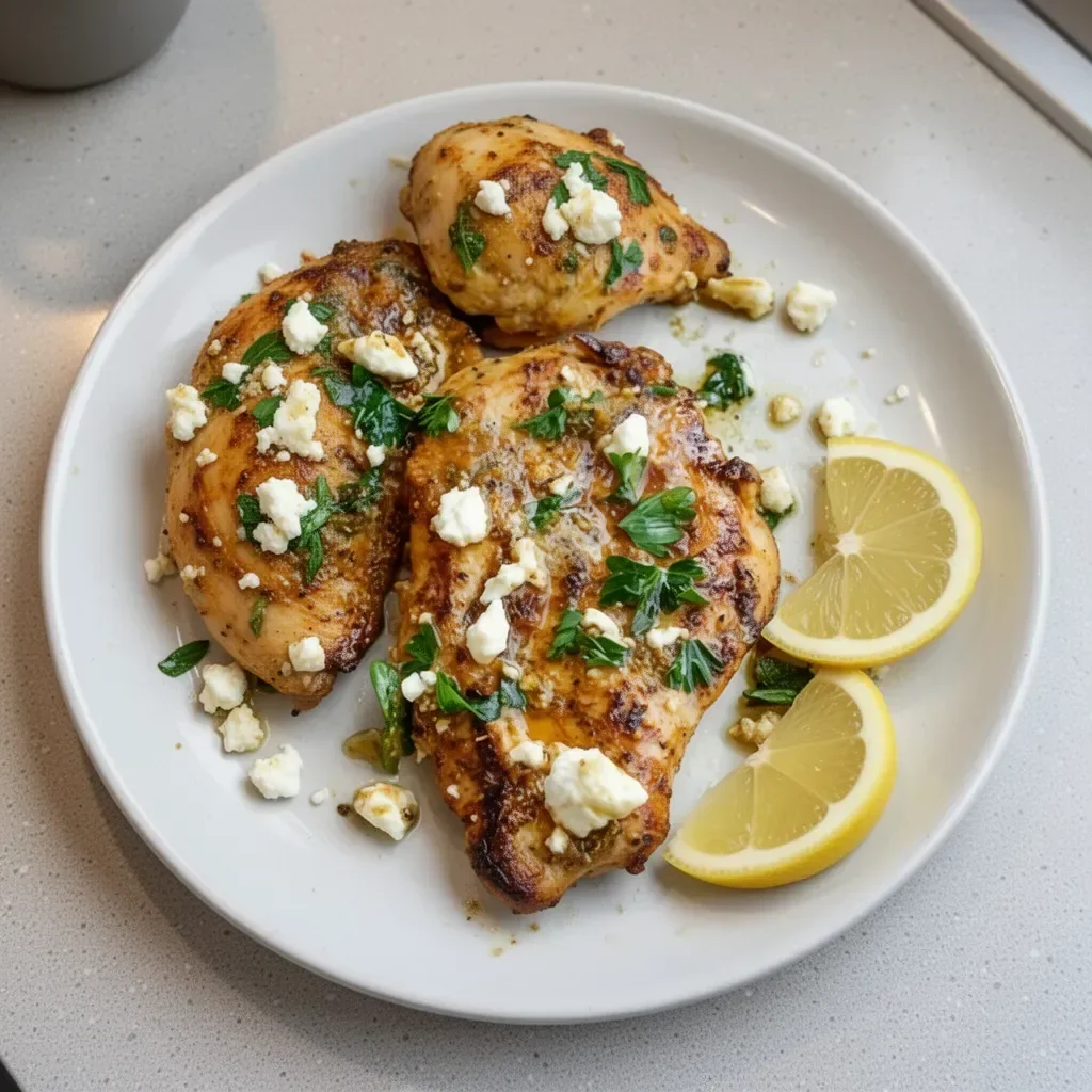 Greek chicken with lemon and feta served with fresh herbs and vegetables