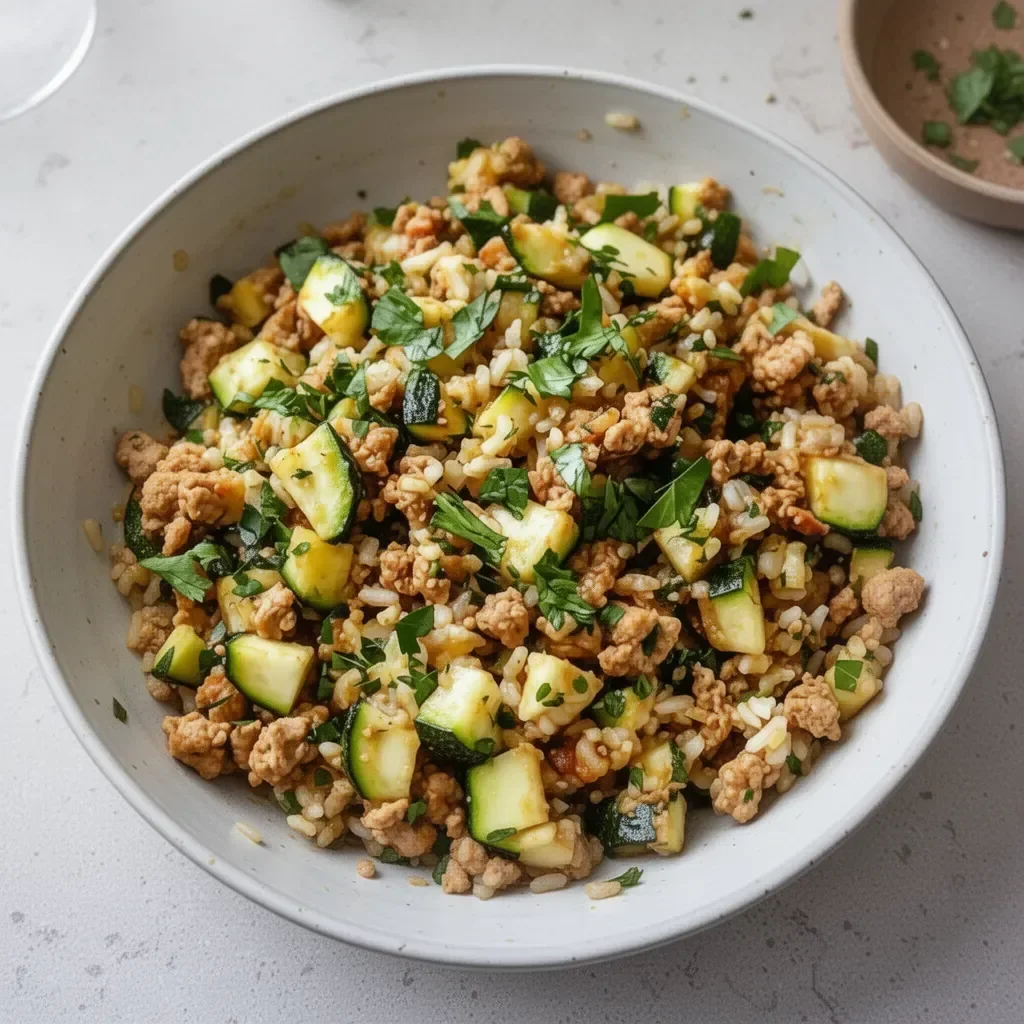 Ground Chicken Zucchini Rice Skillet with fresh vegetables and seasonings