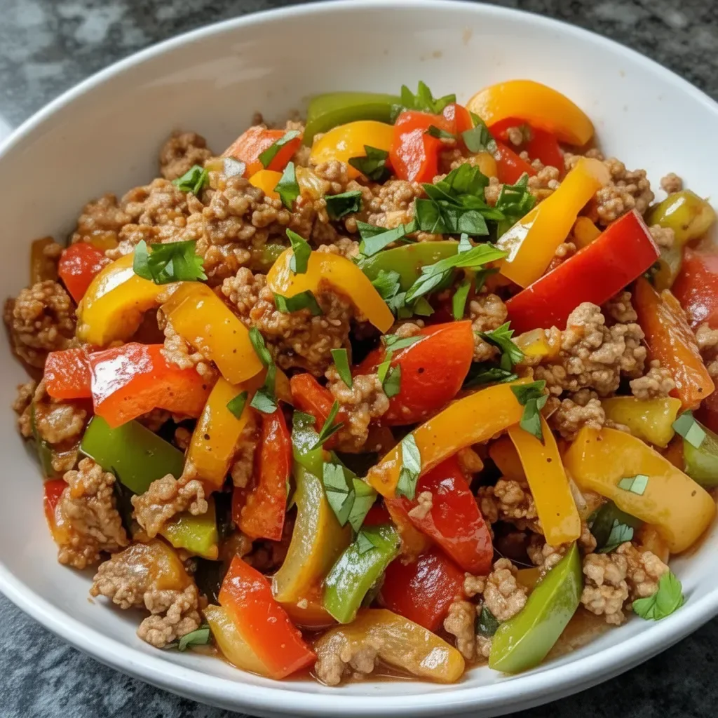 Ground turkey and peppers dish served in a bowl with vibrant colors.