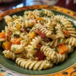 Colorful Harvest Pasta Salad with seasonal vegetables and dressing
