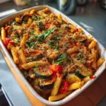 Healthy Mediterranean Vegetable Pasta Bake with fresh vegetables and herbs