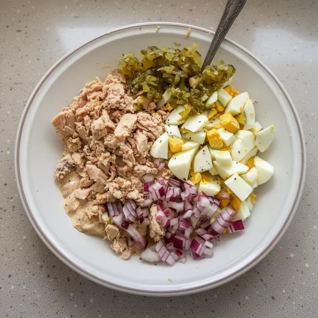Healthy and delicious tuna egg salad served in a bowl