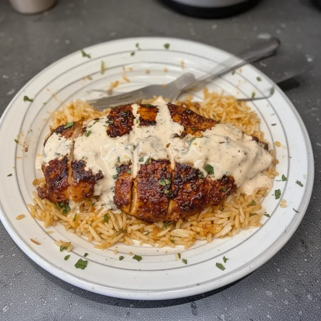 High Protein Creamy Cajun Chicken served on a plate with rice and herbs