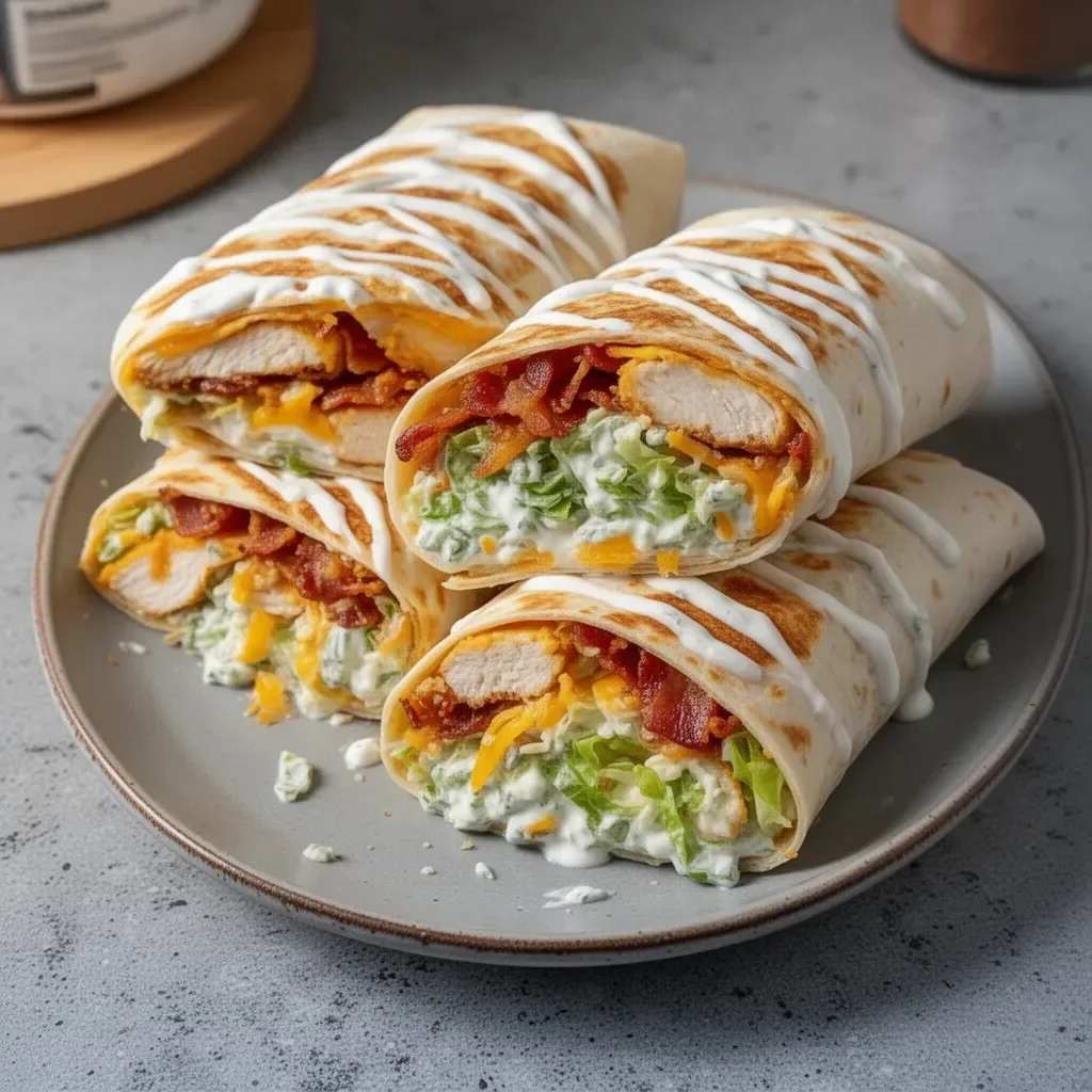 Delicious homemade crispy bacon ranch chicken wraps served on a plate.