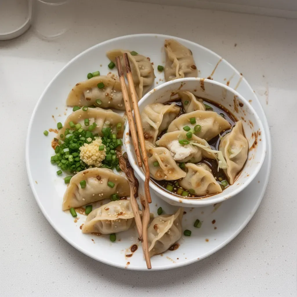 A plate of freshly made homemade dumplings served with dipping sauce.